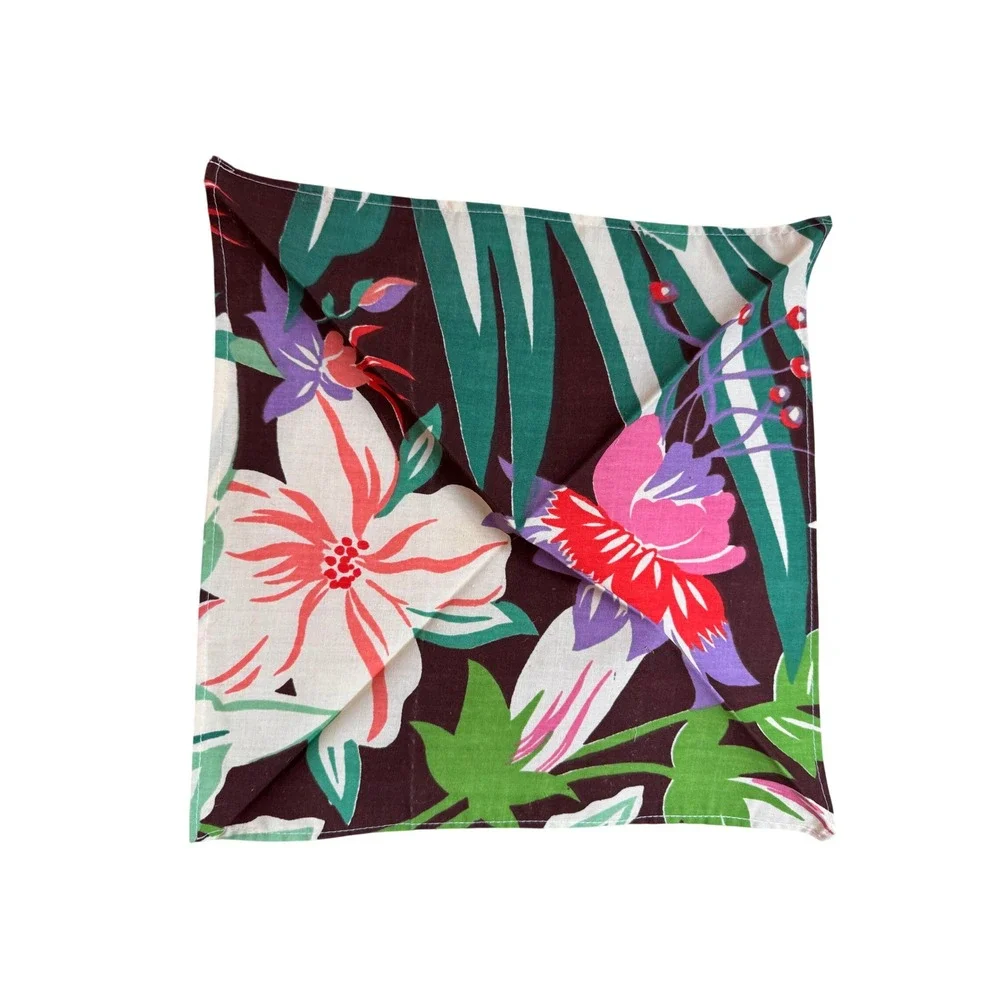 Vintage Tropical Floral Tablecloth 19 Napkins Set Palm Hibiscus Tiki Luau MCM